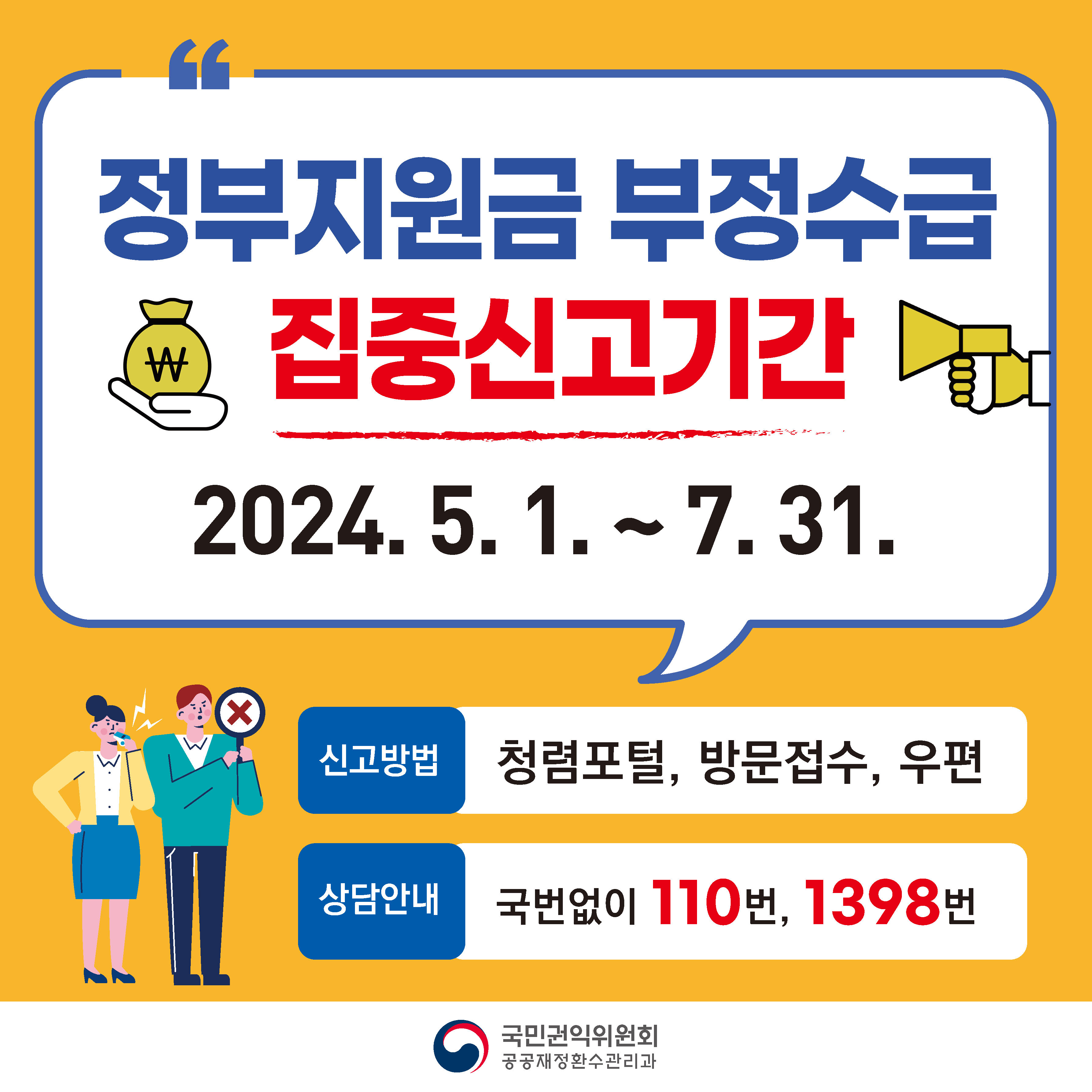 정부지원금 부정수급 집중신고기간 운영. 국민권익위원회
