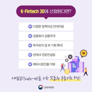 K-Fintech 30에 선정된다면? 다양한 정책자금 연계지원. 금융회사 상품우대. 투자유치 및 IR 기회 확대. 핀테크 전문컨설팅. 해외시장진출 지원. 스케일업(Scale-up)을 위한 맞춤형 종합지원 제공!